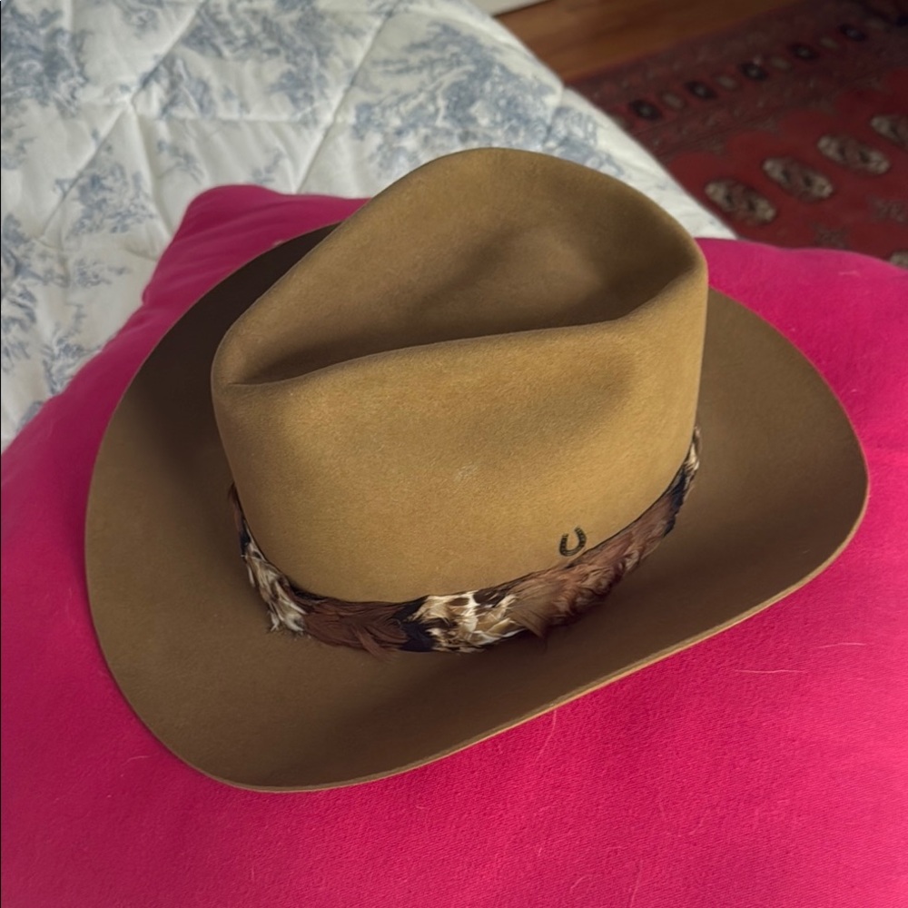 Tan Western Cowboy Hat with Wide Brim and Pinched Crown